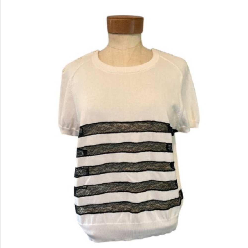Carven White Knit Short Sleeve Sweater Lace Inset